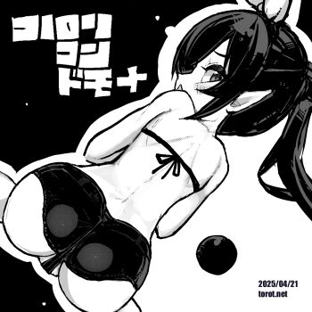 1girl ass back backbeako_(torotei) backbeard bikini bikini_top_only black_background blush bow commentary dated dated_commentary dutch_angle from_behind gegege_no_kitarou greyscale hair_bow kono_lolicon_domome loli long_hair looking_at_viewer looking_back micro_shorts monochrome open_mouth original paid_reward_available partially_visible_vulva pear-shaped_figure pointy_ears shorts simple_background sitting solo swimsuit torotei translated triangle_mouth twintails two-tone_background wariza watermark web_address white_background