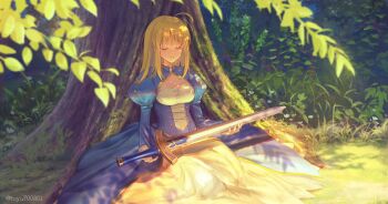 1girl ahoge artoria_pendragon_(fate) asagi_futsuka blonde_hair blue_dress breasts buttons cleavage_cutout closed_eyes clothing_cutout commentary_request criss-cross_halter day dress excalibur_(fate/stay_night) fate/stay_night fate_(series) fingernails flower full_body gold_trim grass hair_between_eyes halterneck highres holding holding_sword holding_weapon huge_ahoge juliet_sleeves leaf long_hair long_sleeves medium_breasts moss outdoors puffy_sleeves saber_(fate) scenery shadow sidelocks sitting sleeping solo sword teeth tree two-tone_dress weapon white_dress white_flower