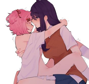 2girls blue_skirt blush bottomless commentary doki_doki_literature_club ear_blush english_commentary hand_on_another&#039;s_shoulder highres kneehighs long_hair medium_hair multiple_girls natsuki_(doki_doki_literature_club) open_clothes open_shirt orange_sweater_vest pink_eyes pink_hair pleated_skirt pockiseisont purple_eyes purple_hair self-harm_scar shirt simple_background skirt socks sweater_vest trembling two_side_up white_background white_shirt white_socks yuri yuri_(doki_doki_literature_club)