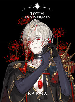 1boy anniversary black_background black_bridal_gauntlets black_choker black_hands black_shirt blue_eyes bridal_gauntlets character_name chest_jewel choker cleavage_cutout closed_mouth clothing_cutout colored_extremities commentary ear_piercing english_text eye_hair_ornament eyeshadow eyeshadow_under_eye fate/grand_order fate_(series) flower gold_trim gradient_hair grey_hair hair_between_eyes hair_ornament hands_up holding_earrings karna_(celebratory_attire)_(fate) karna_(fate) looking_at_viewer makeup male_focus multicolored_hair piercing red_eyeshadow red_flower red_hair red_pupils shirt short_hair short_sleeves simple_background solo spider_lily star_(symbol) starshadowmagician two-tone_hair upper_body