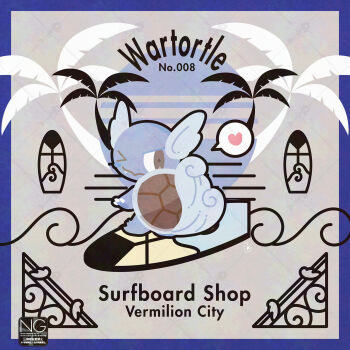 >_o animal_focus character_name claws closed_mouth english_text fang gen_1_pokemon heart highres meme_(sleepsheep) nintendo no_humans one_eye_closed palm_tree pokemon pokemon_(creature) pokemon_focus shell smile speech_bubble spoken_heart surfboard tail tree turtle wartortle