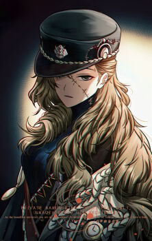 1girl black_coat black_dress black_hat brown_eyes brown_hair coat corvus_(reverse:1999) dark_background dress hair_over_one_eye hat highres long_hair one_eye_covered parted_lips peaked_cap pinghe_dao_baicai reverse:1999 solo stitched_face stitches watermark