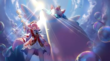 1girl air_bubble aqua_eyes arm_up bubble cloud detached_sleeves dress drill_hair from_below hashtag-only_commentary honkai:_star_rail honkai_(series) hyacine_(honkai:_star_rail) little_ica_(honkai:_star_rail) long_sleeves open_mouth outdoors pantyhose pegasus pink_hair red_dress silence_girl sky smile standing twin_drills twintails white_pantyhose