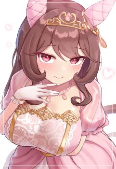 1girl animal_ears blush breasts brown_hair brown_tail cleavage closed_mouth commentary_request dress ear_covers gentildonna_(la_dama_perfetta)_(umamusume) gentildonna_(umamusume) gloves gold_tiara gold_trim hand_up highres horse_ears horse_girl horse_tail jewelry large_breasts leaning_forward long_hair looking_at_viewer necklace official_alternate_costume official_alternate_hairstyle pearl_necklace pink_dress red_eyes shinonome_(shinonome_rynn) simple_background smile solo tail tiara umamusume white_background white_gloves