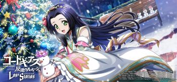 1girl bare_shoulders black_hair christmas code_geass code_geass:_lost_stories commentary_request f4samurai game_cg green_eyes hakama happy highres japanese_clothes kimono long_hair looking_at_viewer obi official_art open_mouth sash smile snow solo sumeragi_kaguya white_kimono