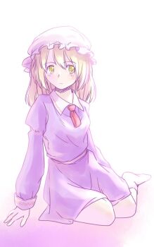 1girl blonde_hair blush collar collared_shirt commentary_request expressionless hat juliet_sleeves knees long_hair long_sleeves maribel_hearn mob_cap necktie one-hour_drawing_challenge puffy_sleeves purple_shirt purple_skirt rangycrow red_necktie shirt sideways_glance sitting skirt socks solo touhou white_background white_collar white_hat white_socks yellow_eyes