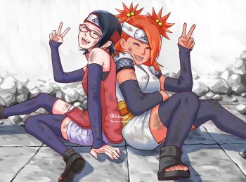 Rule 34 | 2girls, akimichi chouchou, back-to-back, black arm warmers, black hair, black shoes, black thighhighs, boruto: naruto next generations, closed eyes, commentary request, dark-skinned female, dark skin, dirty, dirty clothes, dirty face, forehead protector, grey shorts, hair bobbles, hair ornament, headband, highres, japanese clothes, matsu (fu6ide2), multiple girls, naruto (series), open-toe shoes, open mouth, orange hair, red headband, shoes, shorts, sitting, smile, tearing up, thighhighs, twitter username, two side up, uchiha sarada, v, watermark, white headband