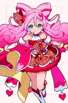 1girl aqua_eyes bare_shoulders boots bow bow-shaped_hair commentary_request cure_idol cure_idol_(idol_heart_ribbon_style) detached_sleeves dress dress_bow elbow_gloves fingerless_gloves fuji_(f_ukkami) gloves hair_between_eyes headset heart heart-shaped_pupils highres idol idol_clothes kimi_to_idol_precure legs_together long_hair looking_at_viewer magical_girl multicolored_gloves outstretched_arms pink_hair plaid_clothes plaid_dress precure puffy_short_sleeves puffy_sleeves red_bow red_dress sakura_uta_(precure) short_sleeves sleeveless sleeveless_dress smile solo spread_arms standing standing_on_one_leg symbol-shaped_pupils two-tone_gloves walking white_background white_boots white_gloves white_sleeves yellow_gloves
