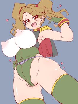 1girl adapted_costume black_gloves blush breasts breasts_out brown_eyes brown_hair cameltoe cape covered_navel curvy gloves gundam gundam_build_fighters gundam_build_fighters_try hair_ornament hand_in_own_hair hand_on_own_hip heart highleg highleg_leotard highres large_breasts leotard long_hair looking_at_viewer matching_hair/eyes naughty_face nipples parted_lips partially_visible_vulva puffy_nipples ryoi sazaki_kaoruko skindentation smile solo standing sweat thighhighs thong_leotard twintails wide_hips
