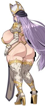 1girl ass back blue_eyes blush breasts gamjasssak gloves grey_thighhighs hat high_heels huge_ass huge_breasts long_hiar looking_back mature_female mitre purple_hair revealing_clothes shrug_(clothing) sideboob smile solo standing tabard tensei_colosseum:_saijaku_skill_de_saikyou_no_onna-tachi_wo_kouryaku_shite_dorei_harem_tsukurimasu thighhighs thong white_background zayd
