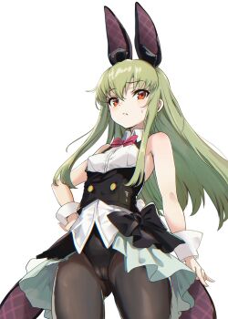 1girl absurdres airport96 animal_ears black_leotard black_ribbon c.c. cameltoe code_geass commentary_request fake_animal_ears green_hair highres leotard orange_eyes playboy_bunny ribbon solo sweat white_background