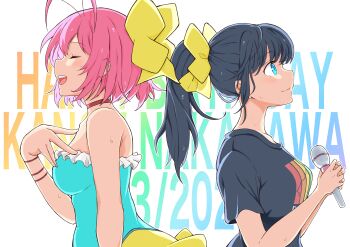 2girls :d absurdres antenna_hair back-to-back bare_arms bare_shoulders black_hair black_shirt blue_eyes blue_tube_top blush bow bracelet breasts character_name choker closed_eyes closed_mouth commentary_request dated frilled_tube_top frills from_side hair_bow hand_on_own_chest hand_up hands_up happy_birthday highres holding holding_microphone java_(jav_romance17) jewelry kami_nomi_zo_shiru_sekai large_bow large_breasts long_hair looking_up medium_breasts medium_hair microphone multiple_bracelets multiple_girls music nakagawa_kanon open_mouth partial_commentary pink_hair ponytail print_shirt profile real_life red_choker shirt short_sleeves sidelocks simple_background singing skirt smile strapless sweat t-shirt teeth text_background touyama_nao tube_top upper_body upper_teeth_only voice_actor voice_actor_connection white_background yellow_bow yellow_skirt
