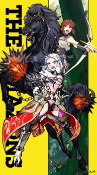 2girls absurdres alexander_herrington ancient_greek_clothes arrow_(projectile) bow_(weapon) breasts commentary english_commentary fate/grand_order fate/strange_fake fate_(series) greco-roman_clothes highres hippolyta_(fate) horse medium_breasts multiple_girls muscular muscular_female orange_eyes penthesilea_(fate) red_hair short_hair siblings sisters weapon white_hair