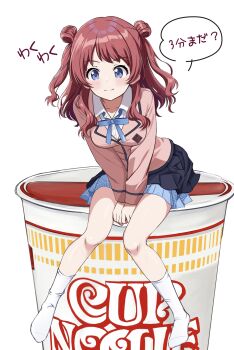 1girl absurdres arms_between_legs black_overskirt blazer blue_ribbon blue_skirt blush breasts brown_hair commentary_request gakuen_idolmaster hanami_saki highres idolmaster instant_noodles jacket kneehighs medium_breasts neck_ribbon nissin_cup_noodle no_shoes noodle_stopper oversized_object pink_jacket pleated_skirt ribbon shirt simple_background sitting skirt smile socks solo speech_bubble translation_request white_background white_shirt white_socks zaofeng