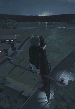 3boys aerial_fireworks child commentary facing_away fireworks foreshortening from_behind highres hill hokkamuri house kusamie lamppost landscape mask motor_vehicle multiple_boys night on_top_of_pole original outdoors power_lines road rooftop rural scenery shoes shorts single_shoe sky star_(sky) starry_sky symbol-only_commentary town transformer tree truck utility_pole