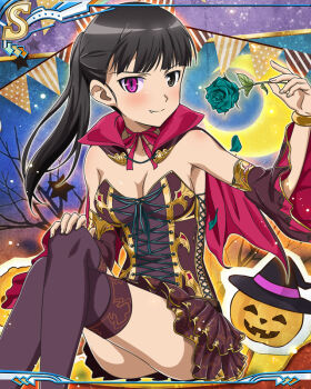 1girl artist_request black_eyes black_hair black_thighhighs blush bracelet breasts cape crossed_legs fang flower halloween halloween_costume heterochromia holding holding_flower jack-o&#039;-lantern jewelry large_breasts long_hair looking_at_viewer moon official_art outdoors pumpkin sakamoto_mio sitting skirt smile solo star_(sky) strike_witches thighhighs tree world_witches_series