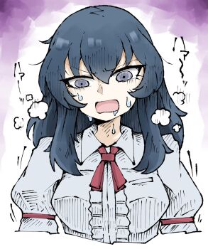 1girl blue_eyes blue_hair breasts collared_shirt commentary_request eclair_(girls_und_panzer) frilled_shirt frills girls_und_panzer girls_und_panzer_gekitou!_maginot-sen_desu!! highres juliet_sleeves long_hair long_sleeves maginot_school_uniform open_mouth pain puffy_sleeves red_ribbon ribbon saliva school_uniform shirt steaming_body sweat sweatdrop translation_request upper_body white_shirt yamarium