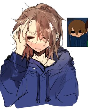 Rule 34 | 1boy, animification, bad id, bad twitter id, blue hoodie, brown hair, cropped shoulders, eddsworld, hand on own face, hollow eyes, hood, hood down, hoodie, inactive account, long sleeves, male focus, medium hair, nana (ebitokanimiso), reference inset, screenshot inset, simple background, sketch, solo, tom (eddsworld), wet, wet hair, white background