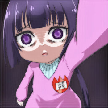 Rule 34 | 1girl, black background, blue shirt, kaya-chan wa kowakunai, kindergarten uniform, long hair, long sleeves, looking at viewer, low twintails, name tag, open mouth, purple eyes, purple hair, purple sweater, reaching, reaching towards viewer, satou kaya, scared, shirt, standing, sweater, t jiroo (ringofriend), twintails, upper body