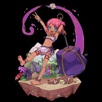 1girl :d anklet aqua_eyes arms_up barefoot bikini bikini_top_only black_background blush bone breasts fangs full_body halterneck hammer highres holding holding_hammer huge_weapon ivy jewelry juju_(merc_storia) leaf leaning_back merc_storia merc_storia_art_team motion_lines navel official_art one_side_up open_mouth outstretched_arm rock sash short_hair shovel simple_background small_breasts smile solo standing standing_on_one_leg swimsuit tachi-e v v-shaped_eyebrows weapon