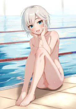 1girl :d ahoge anastasia_(idolmaster) barefoot blue_eyes blush breasts brown_hair ca_paria censored cleavage collarbone commentary_request completely_nude feet full_body hair_between_eyes hands_on_own_face idolmaster idolmaster_cinderella_girls indoors knees_up looking_at_viewer mosaic_censoring nude open_mouth pool poolside pussy sitting small_breasts smile solo thighs toes zenra