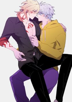 Rule 34 | 2boys, antenna hair, arm tattoo, black pants, black shirt, blonde hair, blue eyes, blush, braid, chest tattoo, collared shirt, eye contact, facial tattoo, gradient hair, hand on another's hip, hand on another's shoulder, hashtag-only commentary, highres, honkai: star rail, honkai (series), hood, hood down, hoodie, looking at another, male focus, medium hair, multicolored hair, multiple boys, mydei (honkai: star rail), neck tattoo, pants, partially unbuttoned, pectoral cleavage, pectorals, phainon (honkai: star rail), purple pants, red hair, red tattoo, shirt, short hair, side braid, sitting, sitting on lap, sitting on person, souko ykyk02, sun symbol, sun tattoo, tan, tattoo, white hair, yaoi, yellow eyes, yellow hoodie