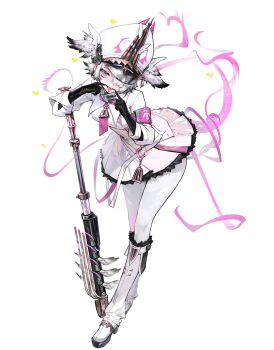 Rule 34 | 1girl, armband, black gloves, black hair, boots, colored tips, commentary, dress, full body, gloves, grey hair, hair over one eye, hat, heart, highres, leaning forward, looking at viewer, making faces, mouth pull, multicolored hair, open mouth, original, panties, paringgg, peaked cap, pink armband, purple eyes, simple background, solo, symbol-only commentary, tongue, tongue out, underwear, weapon, white background, white boots, white dress, white hair, white hat, white panties