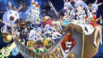 6+girls absurdres alternate_costume among_us animal_ears black_leotard black_thighhighs blue_hair braid breasts carrot commentary_request cosplay death_stranding dodo_(bird) don-chan_(usada_pekora) ender_dragon fall_guy fall_guy_(cosplay) fall_guys getting_over_it hair_between_eyes head-mounted_display highres hololive idol jacket japanese_clothes jumpsuit kimono kito_koruta leotard mario_(series) mario_kart mario_kart_8 milestone_celebration minecraft multicolored_hair multiple_girls multiple_persona nintendo pantyhose pekomon_(usada_pekora) pikmin_(series) rabbit_ears rabbit_girl red_eyes red_kimono single_thighhigh sitting sky small_breasts star_(sky) starry_sky tagme thighhighs twin_braids two-tone_hair usada_pekora usada_pekora_(1st_costume) usada_pekora_(new_year) virtual_youtuber white_hair white_jacket youtube_logo