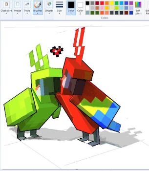 animal animal_focus art_program_in_frame beak bird blush english_text full_body heart low_poly microsoft_paint_(medium) microsoft_paint_(software) minecraft minecraft_(style) no_humans parrot parrot_(minecraft) ravioli_(raviolicraft) standing white_background wings