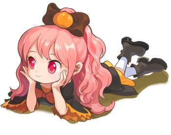1girl alpha_transparency anais_del_caril ankle_boots ankle_socks artist_request black_sleeves boots bow brown_boots brown_bow closed_mouth coat_bow dress eyelashes food-themed_hair_ornament full_body hair_ornament hands_on_own_cheeks hands_on_own_face high_ponytail lying nexon official_art on_stomach orange_bow orange_dress pink_hair ponytail pumpkin_hair_ornament red_eyes red_pupils second-party_source shadow smile socks solo tales_weaver three-quarter_sleeves transparent_background wavy_hair white_socks wide_sleeves