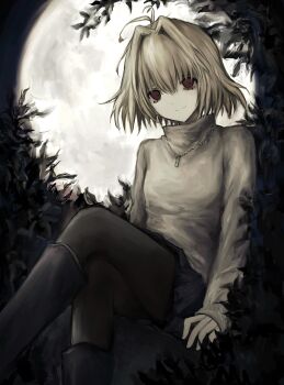 1girl antenna_hair arcueid_brunestud black_pantyhose blonde_hair chan8016 closed_mouth crossed_legs full_moon highres jewelry long_sleeves looking_at_viewer moon necklace pantyhose red_eyes smile solo sweater tsukihime turtleneck turtleneck_sweater white_sweater