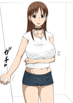 1girl breast_hold breasts brown_eyes brown_hair choker collar covered_erect_nipples door female_focus huge_breasts ichihisa kamisama_dolls long_hair midriff navel shiba_hibino shirt short_shorts shorts solo t-shirt