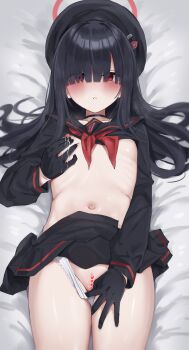 1girl absurdres bed_sheet beret black_gloves black_hair black_hat black_serafuku black_skirt blue_archive censored clothes_lift clothing_aside commentary_request dot_nose female_focus gloves halo hat heart heart_censor highres justice_task_force_member_(blue_archive) lactation legs_together loli long_hair looking_at_viewer lying navel on_back paid_reward_available panties panties_aside parted_lips red_eyes red_halo school_uniform serafuku shengtian skirt skirt_lift solo thighs underwear