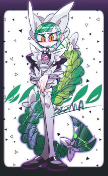 1girl absurdly_long_hair apron artist_name black_dress black_shoes border bow bowtie braid commentary_request dress frown full_body green_hair hair_bow huge_bow lebanne_(pokemon) legs_together long_hair long_sleeves looking_at_viewer nintendo pokemon pokemon_legends:_z-a puffy_sleeves purple_border shoes simple_background sizma slit_pupils solo thighhighs very_long_hair white_apron white_background white_bow white_bowtie white_thighhighs yellow_eyes