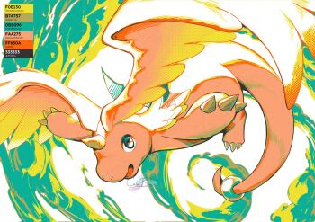 claws cloud colorbrews colored_skin commentary dragon dragonite english_commentary feathered_wings flying gen_1_pokemon green_eyes head_wings highres horns mega_dragonite mega_pokemon nintendo no_humans open_mouth orange_skin pokemon pokemon_(creature) pokemon_focus pokemon_legends:_z-a single_horn smile tail wings