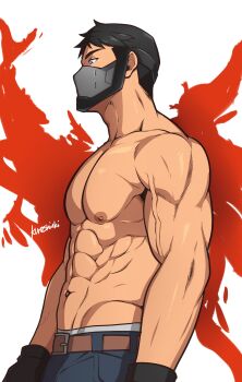 1boy abs absurdres bara belt black_gloves black_hair black_shirt blue_eyes blue_pants dc_comics gloves highres kon-el kuroshinki large_pectorals male_focus mask mouth_mask muscular muscular_male navel nipples pants pectorals shirt short_hair solo superboy topless_male veins veiny_arms young_justice