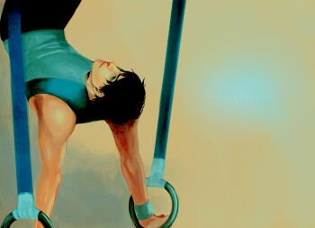 1boy batman_(series) black_hair blue_eyes dc_comics dick_grayson gymnastics male_focus muscular solo upside-down