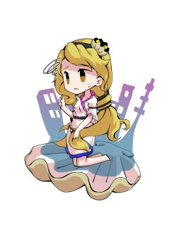 1girl barefoot blonde_hair breasts chibi chibi_only clam commentary_request dairi dress frilled_dress frilled_sleeves frills full_body hand_up kneeling large_variant_set long_hair short_sleeves side_slit simple_background solo tachi-e touhou transparent_background variant_set very_long_hair watari_nina white_dress yellow_eyes