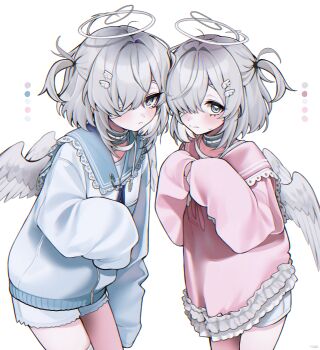 2girls absurdres bandage_over_one_eye blue_jacket blue_sailor_collar blush closed_mouth collar cowboy_shot dot_nose grey_collar grey_eyes grey_hair hair_ornament hair_over_one_eye halo hands_up haze_(7h4ze) highres jacket looking_at_viewer medium_hair multiple_girls original pink_shirt sailor_collar shirt short_shorts shorts simple_background sleeves_past_wrists white_background white_halo white_shorts white_wings wings zipper
