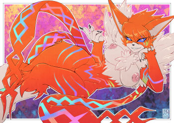 +_+ 1girl absurdres alternate_color blue_eyes breasts cleft_of_venus digimon digimon_adventure_tri. fur_collar furry furry_female gensox glowing_markings highres large_breasts meicrackmon_vicious_mode navel neon_trim nipples pussy sharp_nails