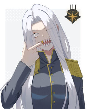 1girl albino black_jacket colored_eyelashes epaulettes eyes_visible_through_hair hand_up hero_killer jacket kenooba long_hair long_sleeves mouth_pull no_pupils open_mouth senshu_(hero_killer) sharp_teeth simple_background smile solo teeth uniform_vest upper_body very_long_hair white_background white_eyelashes white_eyes white_hair