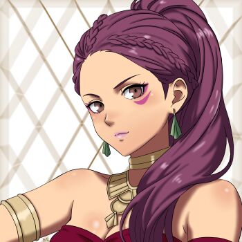 1girl absurdres alternate_costume bare_shoulders braid breasts brown_eyes choker_jewel closed_mouth collarbone dancer dark-skinned_female dark_skin earrings facial_mark facial_tattoo fire_emblem fire_emblem:_three_houses hair_pulled_back hashtag-only_commentary highres jewelry long_hair looking_at_viewer medium_breasts multiple_braids nekomoni nintendo petra_macneary petra_macneary_(timeskip) ponytail purple_hair smile solo tattoo upper_body