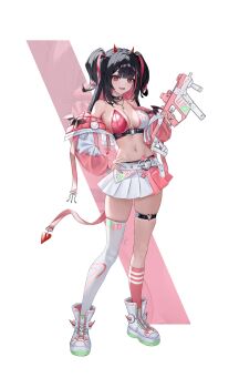 1girl absurdres asymmetrical_legwear bare_shoulders black_hair boots breasts colored_inner_hair full_body gun hand_on_own_hip hashtag-only_commentary highres jacket jewelry kneehighs kriss_vector large_breasts long_hair long_sleeves looking_at_viewer mismatched_legwear multicolored_hair navel necklace open_clothes open_jacket open_mouth original pink_hair pink_socks simple_background skirt smile socks solo standing stomach submachine_gun thighhighs two-tone_background two_side_up uneven_legwear weapon white_background white_boots white_thighhighs yuridango