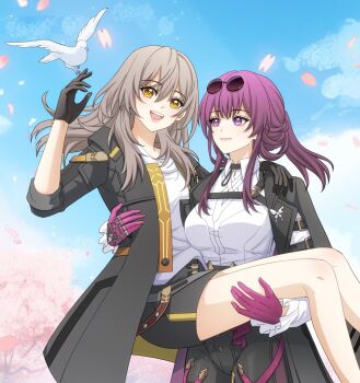 2girls alternate_costume beak belt bird bird_wings black_gloves black_jacket black_shorts black_skirt blue_sky branch breasts butterfly_pin buttons carrying cherry_blossoms closed_mouth collared_shirt cowboy_shot day eyewear_on_head feet_out_of_frame gloves grey_belt grey_hair hair_between_eyes hand_on_another&#039;s_shoulder hand_up hands_up high-waist_shorts highres honkai:_star_rail honkai_(series) jacket jewelry kafka_(honkai:_star_rail) lapels long_hair long_sleeves looking_at_another looking_up low_ponytail medium_breasts multiple_girls multiple_rings open_clothes open_jacket open_mouth petals pigeon ponytail princess_carry purple_eyes purple_gloves purple_hair ring round_eyewear shirt shorts sidelocks skirt sky smile spider_web_print standing stelle_(honkai:_star_rail) sunglasses t-shirt teeth trailblazer_(honkai:_star_rail) tree white_shirt wings xiang_cheng_(mona_0225_) yellow_eyes yuri