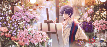 1boy baby&#039;s-breath bellflower blue_scarf canvas_(object) cardigan closed_mouth clownfish collared_shirt daisy_(flower) door easel fish flower flower_shop flying_fish highres holding holding_paint_palette holding_paintbrush indoors long_sleeves looking_at_object love_and_deepspace male_focus open_cardigan open_clothes open_collar orange_flower paint_palette paintbrush painting_(action) parted_bangs pink_flower pink_rose purple_eyes purple_flower purple_hair purple_rose rafayel_(love_and_deepspace) red_flower red_rose rose scarf shirt shop short_hair snow234 solo upper_body vase watermark weibo_watermark white_flower white_shirt yellow_cardigan yellow_flower