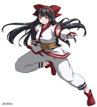 1girl ainu_clothes black_hair breasts brown_eyes clenched_hand fingerless_gloves gloves hair_ribbon highres large_breasts leg_lift leg_up legs long_hair looking_at_viewer nakoruru outstretched_arm pants parted_lips ribbon samurai_spirits serious snk solo the_king_of_fighters thighs tongue weapon