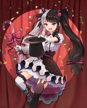 1girl :d absurdres ahoge animal_ear_legwear asymmetrical_footwear asymmetrical_legwear black_hair black_shoes black_thighhighs blush bow bowtie bright_pupils candy candy_cane center_frills cleavage_cutout clothing_cutout commentary_request confetti curtains dress elbow_gloves food foot_out_of_frame footwear_ribbon frilled_dress frilled_sleeves frilled_thighhighs frills gloves gold_buttons grey_hair hair_bobbles hair_ornament hair_ribbon haniwa_(leaf_garden) hat high-waist_skirt highres holding holding_candy holding_candy_cane holding_food holding_unworn_clothes holding_unworn_hat leaning_back leaning_to_the_side long_hair long_sidelocks looking_at_viewer low-tied_long_hair mismatched_footwear mismatched_legwear multicolored_hair nijisanji open_mouth overskirt pink_bow pink_bowtie pink_streaks puffy_short_sleeves puffy_sleeves rabbit_ear_legwear red_eyes ribbon sash shadow shoes short_sleeves sidelocks skirt smile solo split-color_hair spotlight stage standing standing_on_one_leg streaked_hair striped_clothes striped_dress thighhighs top_hat tsurime twintails two-tone_hair two-tone_skirt unworn_hat unworn_headwear v-shaped_eyebrows vertical-striped_clothes vertical-striped_dress very_long_hair virtual_youtuber waist_ribbon white_dress white_gloves white_pupils white_thighhighs yorumi_rena yorumi_rena_(1st_costume)