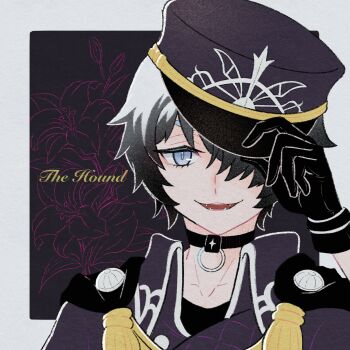 1boy black_cape black_gloves black_hair blue_eyes cape character_name collarbone commentary_request conachun eyelashes fangs gloves hat highres hound_(rune_factory) looking_at_viewer male_focus open_mouth peaked_cap rune_factory rune_factory:_guardians_of_azuma short_hair solo