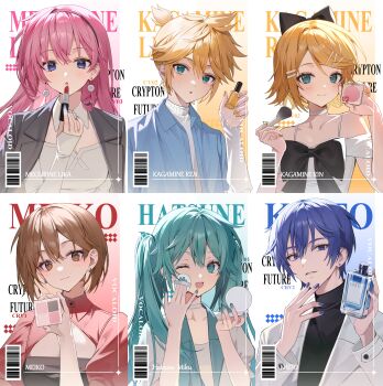 2boys 4girls absurdres aqua_eyes aqua_hair aqua_nails black_bow blonde_hair blue_eyes blue_hair blue_nails blush_(makeup) bow brown_eyes brown_hair closed_mouth earrings emduck hair_ornament hatsune_miku highres jewelry kagamine_len kagamine_rin kaito_(vocaloid) long_hair makeup megurine_luka meiko_(vocaloid) multiple_boys multiple_girls open_mouth pink_hair pink_lips red_nails short_hair smile twintails vocaloid yellow_nails