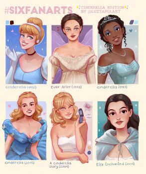 black_hair blonde_hair blue_dress blue_eyes brown_hair character_request choker cinderella_(2015) cinderella_(disney_movie) copyright_request disney_princess dress earrings elbow_gloves gloves hair_bun hairband highres jewelry long_hair looking_at_viewer luztapiaart multiple_girls multiple_persona princess short_hair smile